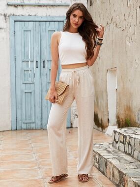 Cream Linen Blend Drawstring Pants Wide Leg Coastal Resort